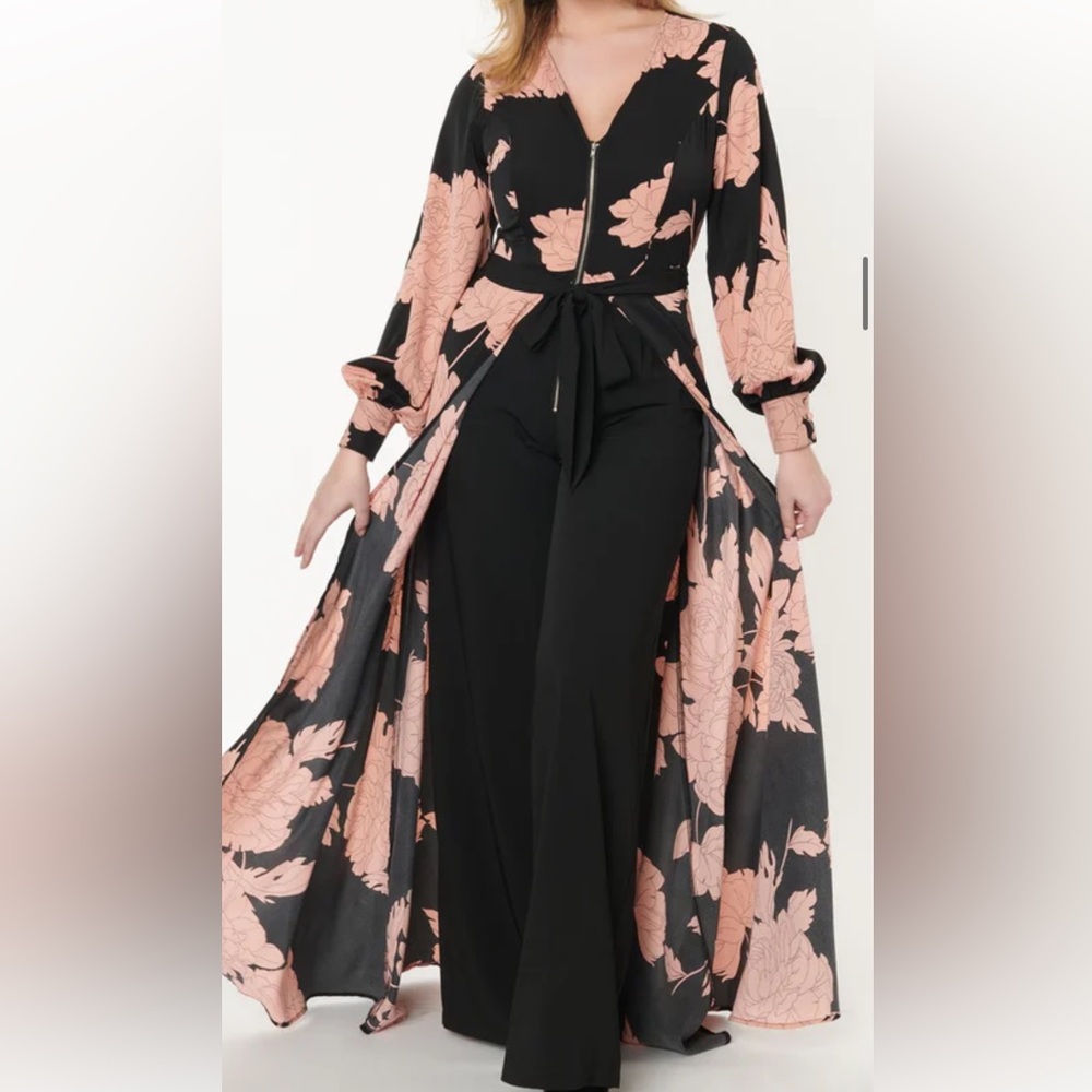 Unique Vintage Black and Pink Floral Jumpsuit